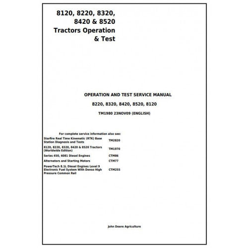 John Deere 8120, 8220, 8320, 8420, 8520 Tractor Pdf Diagnostic, Operation and Tests Service Manual TM1980