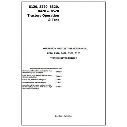 John Deere 8120, 8220, 8320, 8420, 8520 Tractor Pdf Diagnostic, Operation and Tests Service Manual TM1980