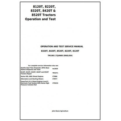 John Deere 8120T, 8220T, 8320T, 8420T, 8520T Tracks Tractor Pdf Diagnostic, Operation and Tests Service Manual TM1981