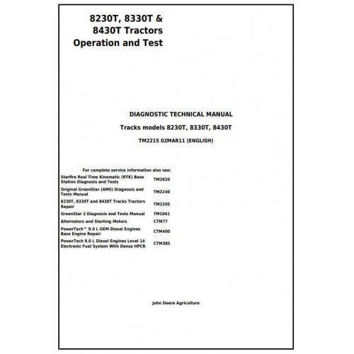 John Deere 8230T, 8330T & 8430T Track Tractor Pdf Diagnostic, Operation and Tests Service Manual TM2215