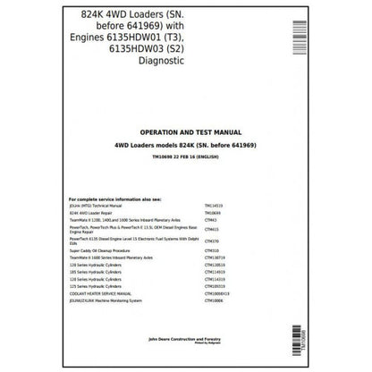 John Deere 824K 4WD Loader Pdf Diagnostic, Operation and Tests Service Manual TM10698