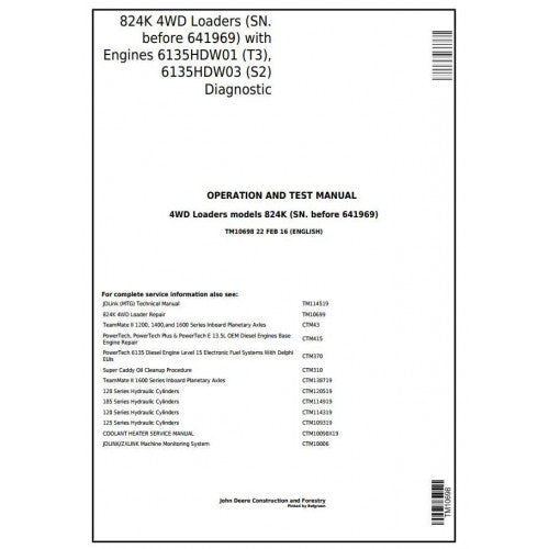 John Deere 824K 4WD Loader Pdf Diagnostic, Operation and Tests Service Manual TM10698