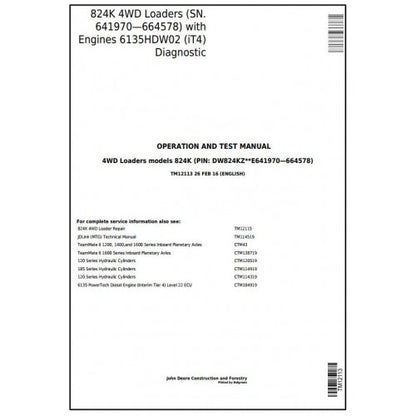 John Deere 824K 4WD Loader Pdf Diagnostic, Operation and Tests Service Manual TM12113