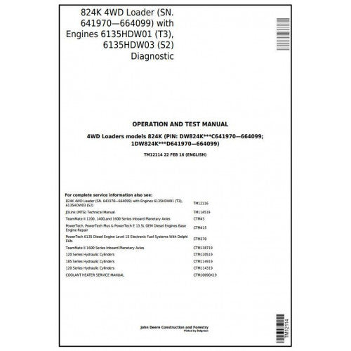 John Deere 824K 4WD Loader Pdf Diagnostic, Operation and Tests Service Manual TM12114