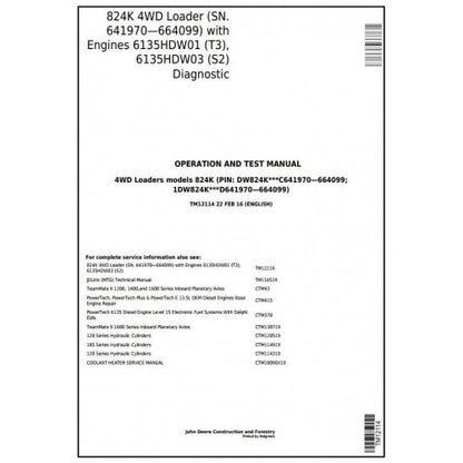 John Deere 824K 4WD Loader Pdf Diagnostic, Operation and Tests Service Manual TM12114