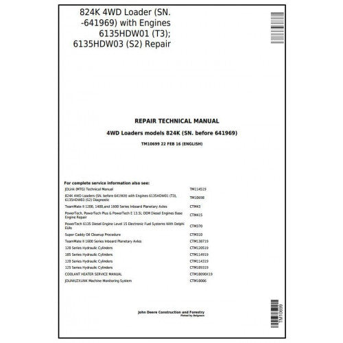 John Deere 824K 4WD Loader Pdf Technical Repair Service Manual TM10699