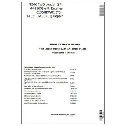 John Deere 824K 4WD Loader Pdf Technical Repair Service Manual TM10699