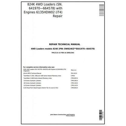John Deere 824K 4WD Loader Pdf Technical Repair Service Manual TM12115
