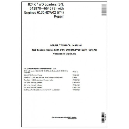 John Deere 824K 4WD Loader Pdf Technical Repair Service Manual TM12115
