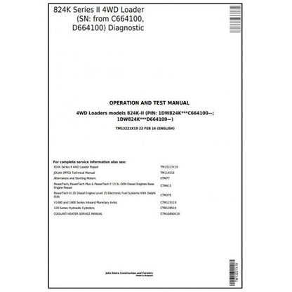 John Deere 824K Series II 4WD Loader Pdf Diagnostic, Operation and Tests Service Manual TM13221X19