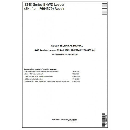 John Deere 824K Series II 4WD Loader Pdf Technical Repair Service Manual TM13226X19