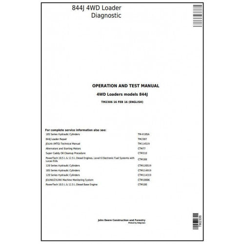 John Deere 844J 4WD Loader Pdf Diagnostic, Operation and Tests Service Manual TM2306