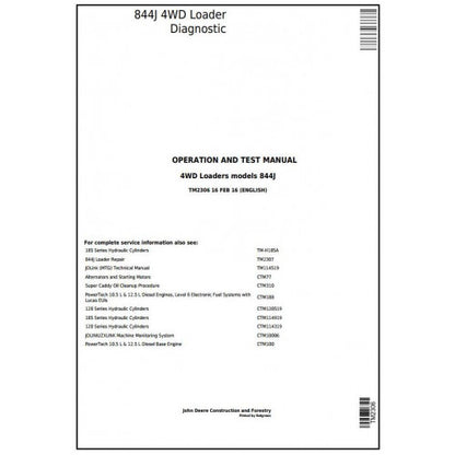 John Deere 844J 4WD Loader Pdf Diagnostic, Operation and Tests Service Manual TM2306