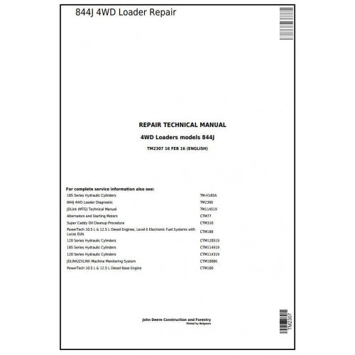 John Deere 844J 4WD Loader Pdf Technical Repair Service Manual TM2307