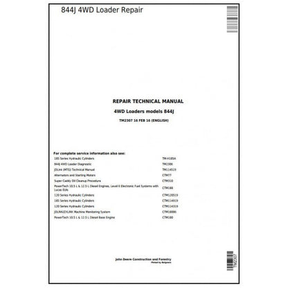 John Deere 844J 4WD Loader Pdf Technical Repair Service Manual TM2307