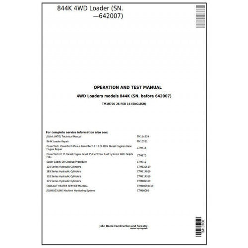 John Deere 844K 4WD Loader Pdf Diagnostic, Operation and Tests Service Manual TM10700