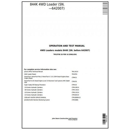John Deere 844K 4WD Loader Pdf Diagnostic, Operation and Tests Service Manual TM10700