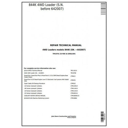 John Deere 844K 4WD Loader Pdf Technical Repair Service Manual TM10701
