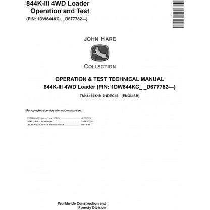 John Deere 844K-III 4WD Loader Pdf Diagnostic, Operation and Tests Service Manual TM14160X19