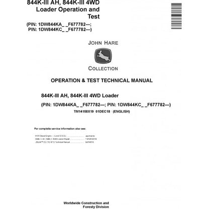 John Deere 844K III AH, 844K III 4WD Loader Pdf Diagnostic, Operation and Tests Service Manual TM14158X19