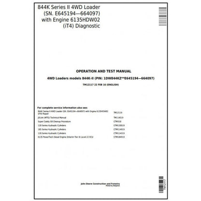 John Deere 844K Series II 4WD Loader Pdf Diagnostic, Operation and Tests Service Manual TM12117
