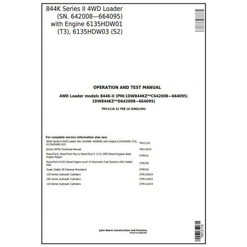 John Deere 844K Series II 4WD Loader Pdf Diagnostic, Operation and Tests Service Manual TM12118