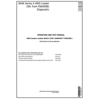 John Deere 844K Series II 4WD Loader Pdf Diagnostic, Operation and Tests Service Manual TM13222X19