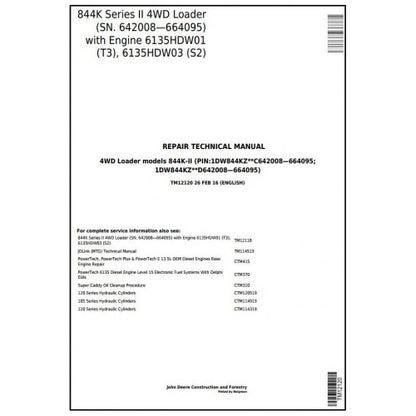 John Deere 844K Series II 4WD Loader Pdf Technical Repair Service Manual TM12120