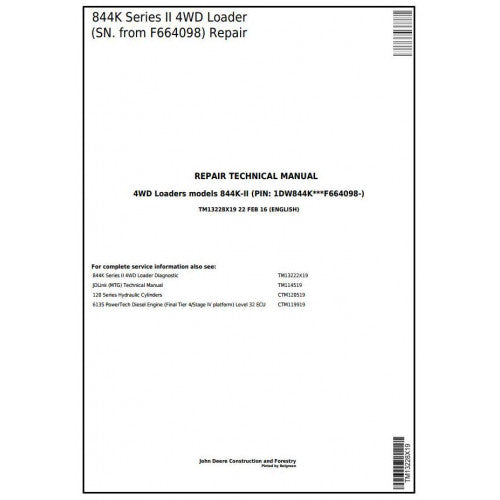 John Deere 844K Series II 4WD Loader Pdf Technical Repair Service Manual TM13228X19