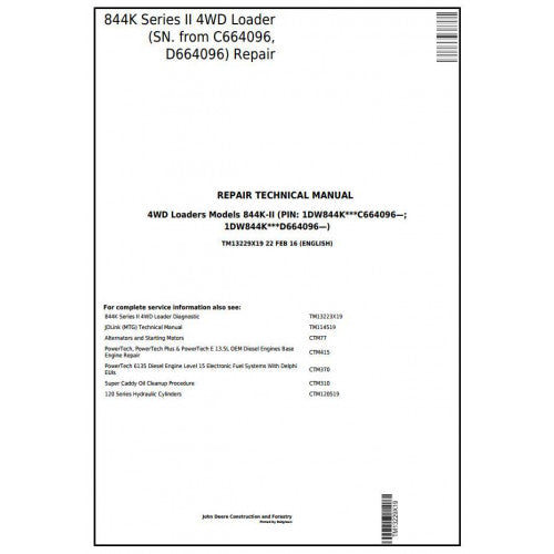 John Deere 844K Series II 4WD Loader Pdf Technical Repair Service Manual TM13229X19