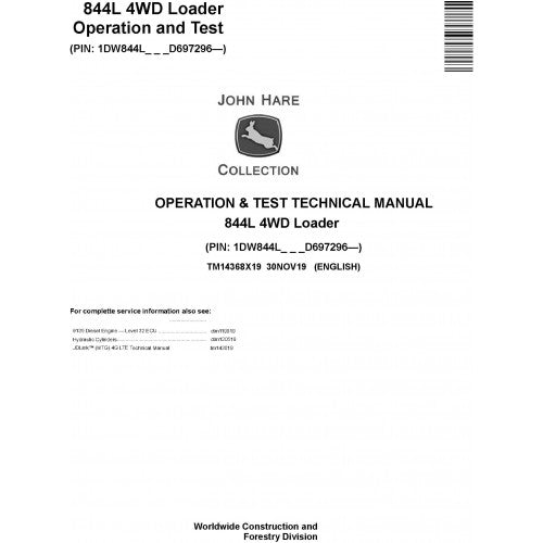 John Deere 844L 4WD Loader Pdf Diagnostic, Operation and Tests Service Manual TM14368X19