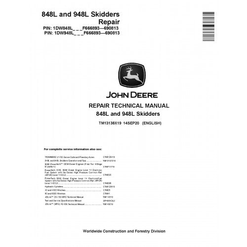 John Deere 848L and 948L Skidders Pdf Technical Repair Service Manual (TM13138X19)