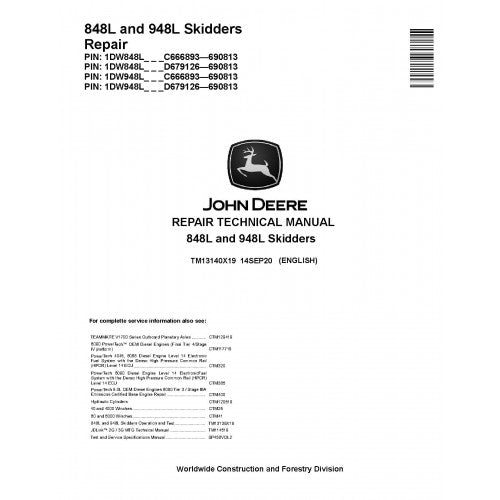 John Deere 848L and 948L Skidders Pdf Technical Repair Service Manual (TM13140X19)