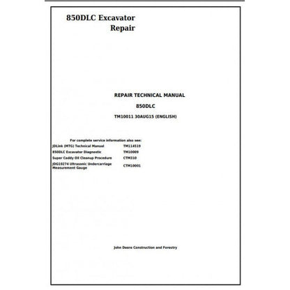 John Deere 850DLC Excavator Pdf Diagnostic, Operation and Tests Service Manual TM10011