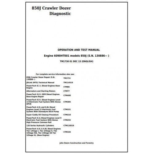 John Deere 850J Crawler Dozer Pdf Diagnostic, Operation and Tests Service Manual TM1730