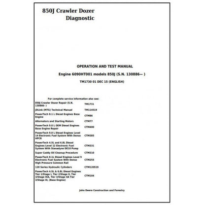 John Deere 850J Crawler Dozer Pdf Diagnostic, Operation and Tests Service Manual TM1730