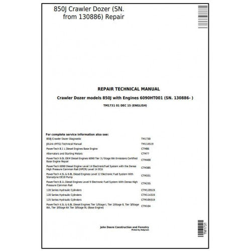 John Deere 850J Dozer Crawler Dozer Pdf Technical Repair Service Manual TM1731