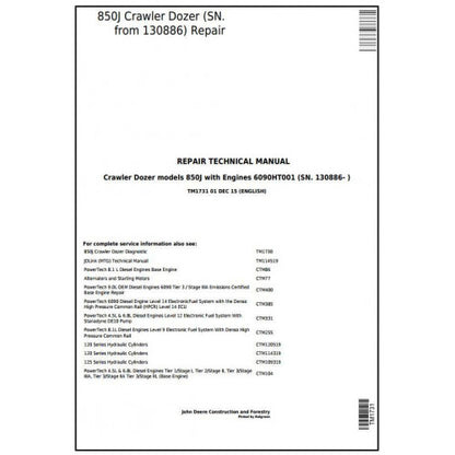 John Deere 850J Dozer Crawler Dozer Pdf Technical Repair Service Manual TM1731