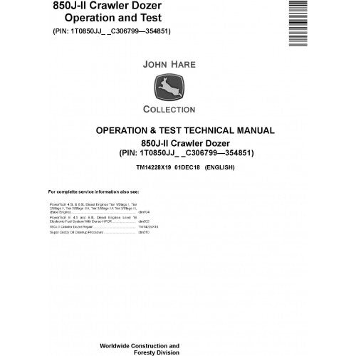 John Deere 850J-II Crawler Dozer Pdf Diagnostic, Operation and Tests Service Manual TM14228X19