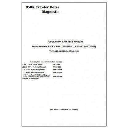 John Deere 850K Crawler Dozer Pdf Diagnostic, Operation and Tests Service Manual TM12043