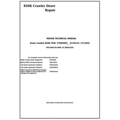 John Deere 850K Crawler Dozer Pdf Technical Repair Service Manual TM12046
