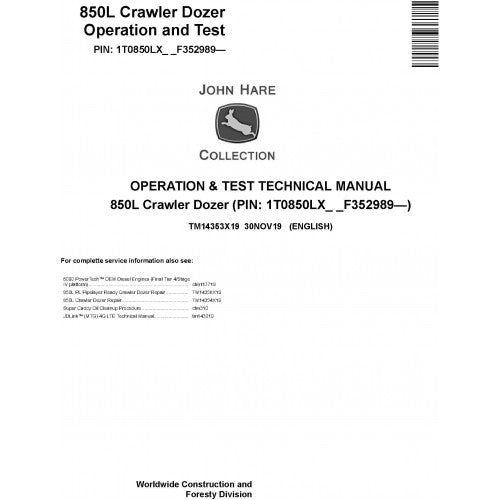 John Deere 850L Crawler Dozer Pdf Diagnostic, Operation and Tests Service Manual TM14353X19