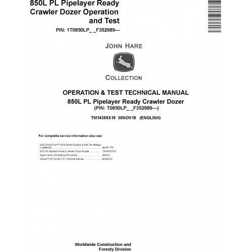 John Deere 850L PL Pipelayer Ready Crawler Dozer Pdf Diagnostic, Operation and Tests Service Manual TM14355X19