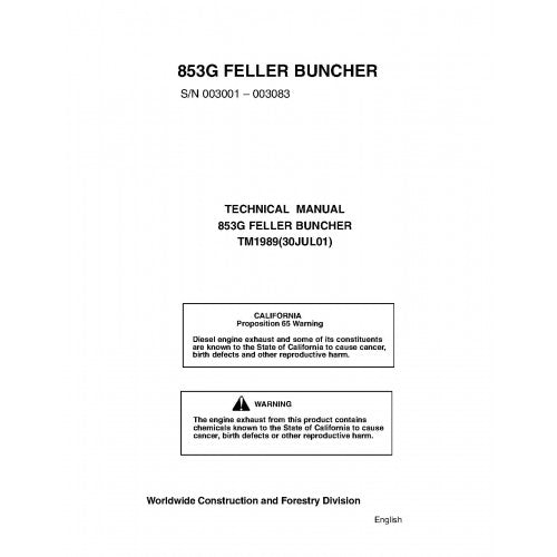 John Deere 853G Feller Buncher Pdf Technical Repair Service Manual (TM1989)