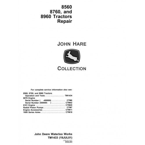 John Deere 8560, 8760, 8960 4WD Articulated Tractor Pdf Technical Repair Manual TM1433
