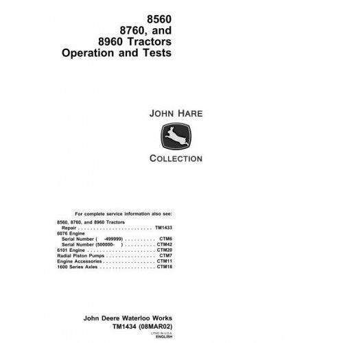 John Deere 8560, 8760, 8960 Tractor Pdf Diagnostic, Operation and Tests Service Manual TM1434
