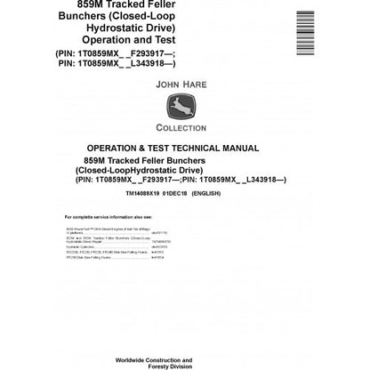 John Deere 859M Feller Buncher Pdf Diagnostic, Operation and Tests Service Manual TM14089X19