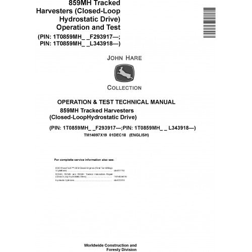 John Deere 859MH Harvester Pdf Diagnostic, Operation and Tests Service Manual TM14097X19