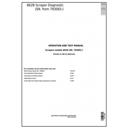 John Deere 862B Scraper Pdf Diagnostic, Operation and Tests Service Manual TM1569