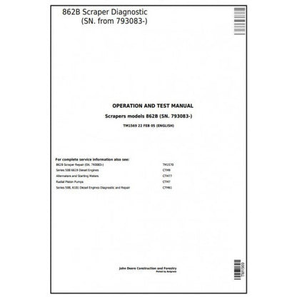 John Deere 862B Scraper Pdf Diagnostic, Operation and Tests Service Manual TM1569